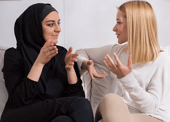 Students practicing conversation