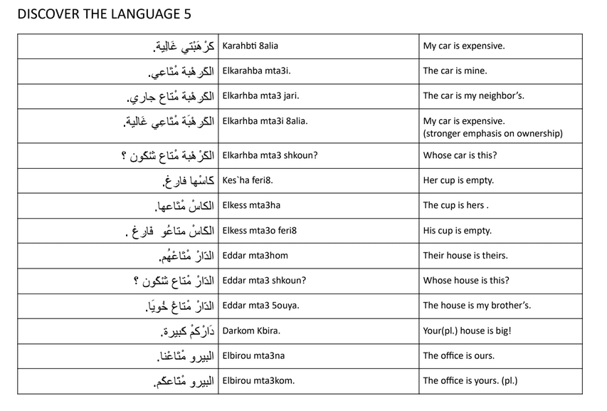 Discover the Language lesson showing Arabic, transliteration, and English examples